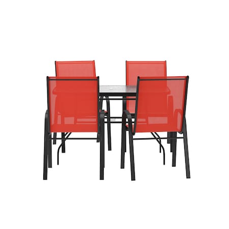 Flash Furniture Brazos 5 Piece Patio Dining Set w/Tempered Glass Patio Table w/4 Chairs w/Red Seats and Backs FV-120B-303CRD-GG